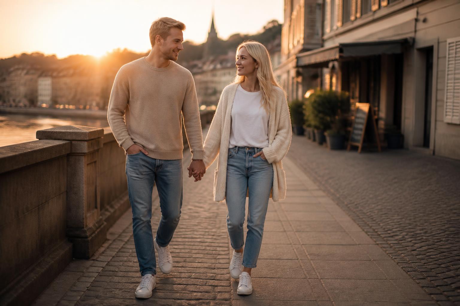 A man and a woman walking hand in hand through a city at golden hour